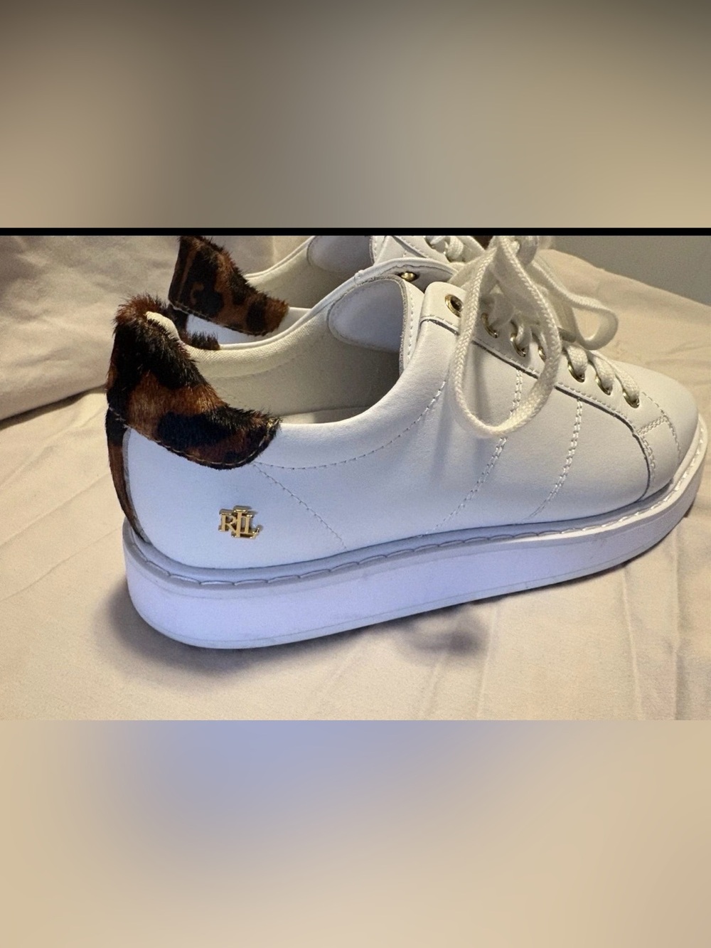 Ralph Lauren White Leather Sneakers with Leopard-Print Heel and Gold RL Logo